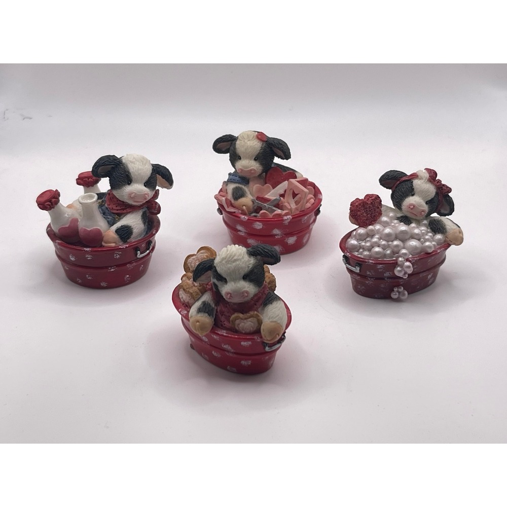 Vintage 1994 Enesco Mary Rhyner Cow Figurines Set of 4 Red Tub Love Theme 104736